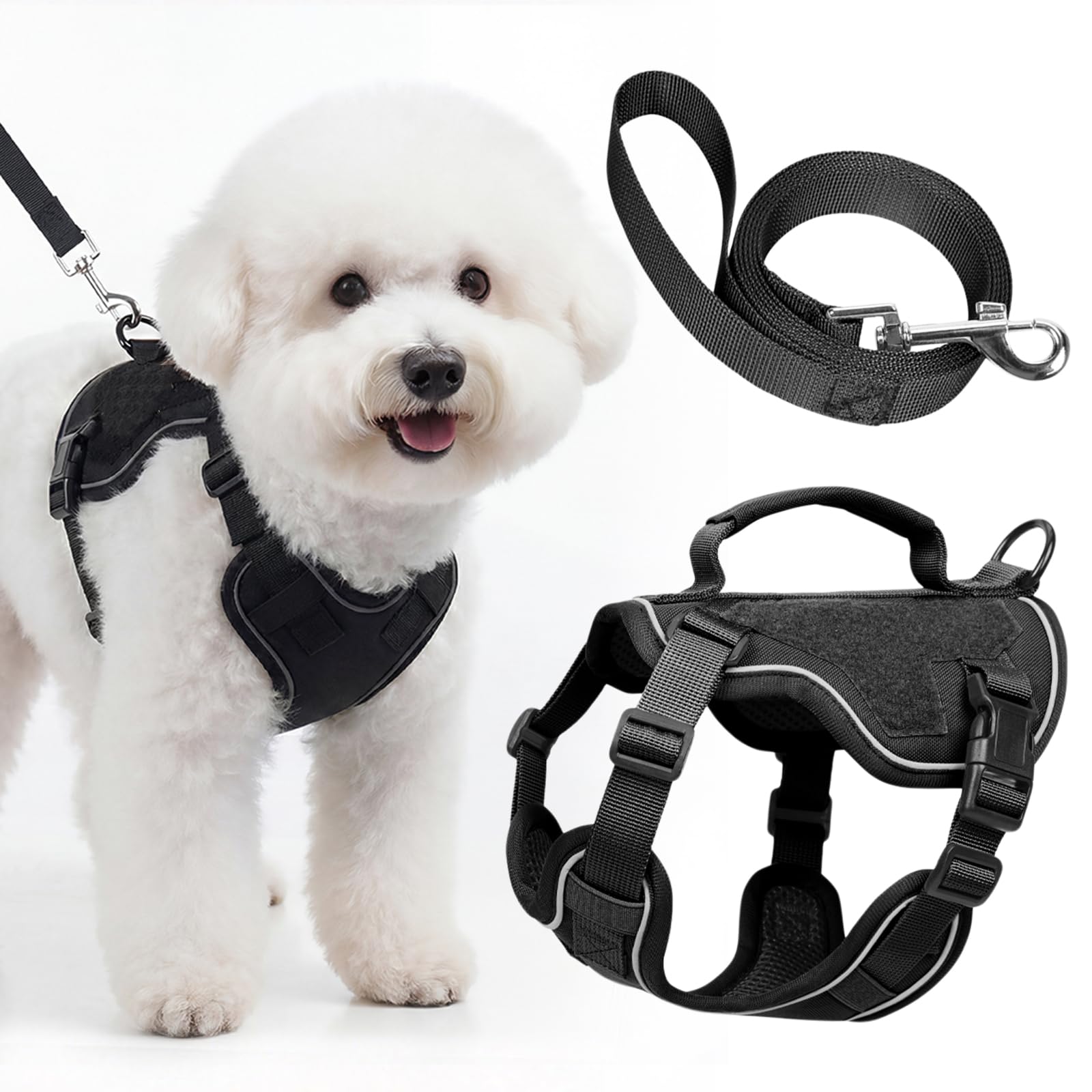 Ledeak Dog Harness and Leash Set, Adjustable Reflective Harness with Soft Padding, Breathable Reflective Pet Vest for Training Walking Running for Extra-Small/Small Medium Dogs (Black, XS)