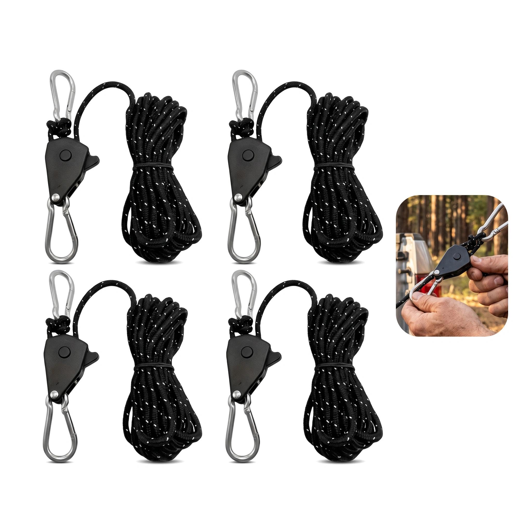 4 Pcs Reflective Tent Guy Ropes, 4 mm Ratchet Ropes with Rope Tensioner, 4 M Adjustable Outdoor Tent Guide Rope Ratchet Hangers for Camping, Hiking, Awning, Grow Lights