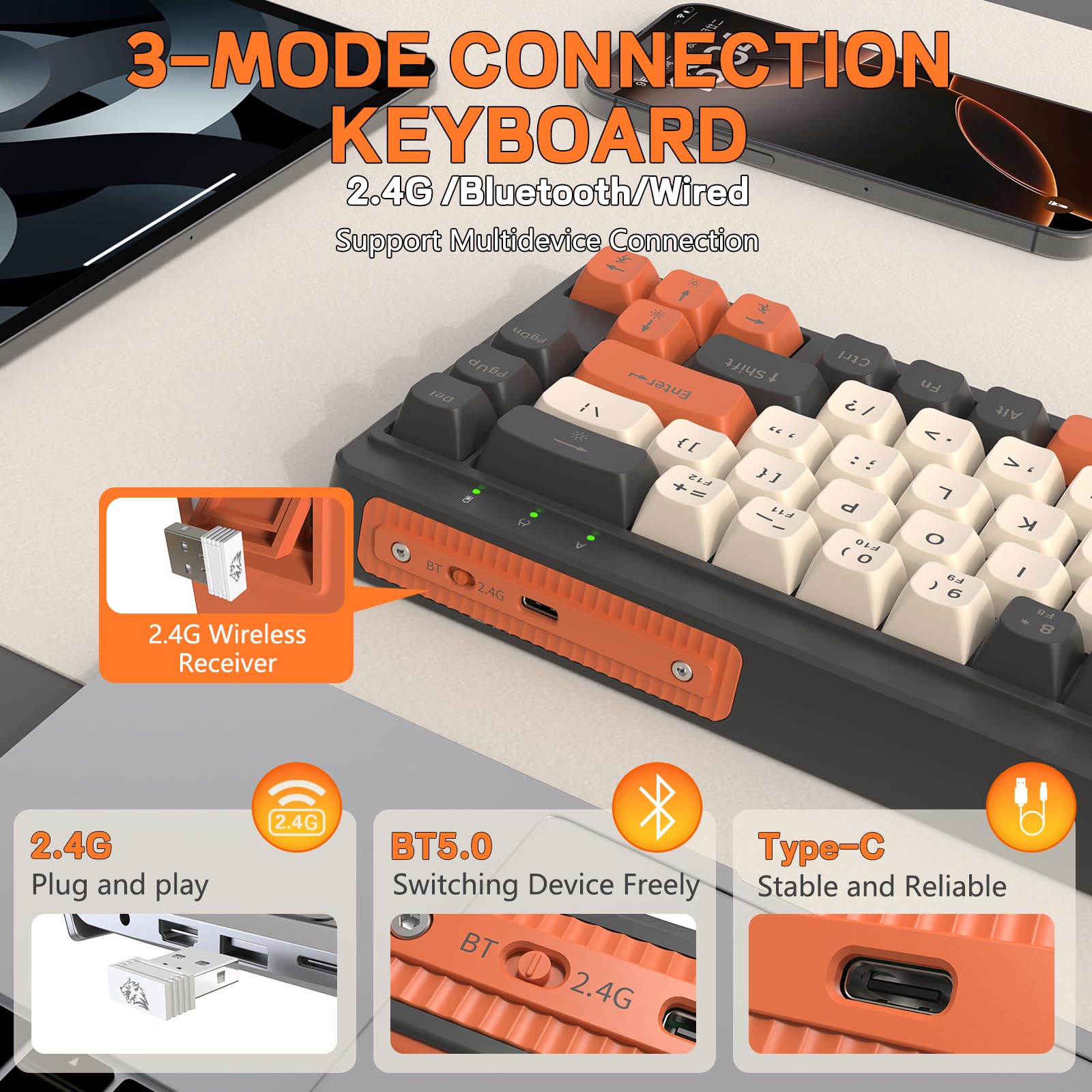 LexonElec X FREEWOLF M68 Tastiera Gaming Wireless 65%, QWERTY, BT/2.4G/Cablata, Tastiera a Membrana Silenziosa, Retroilluminazione Arcobaleno, 67 Tasti con Tasti in PBT, 2000mAh, Portatile - Grigia