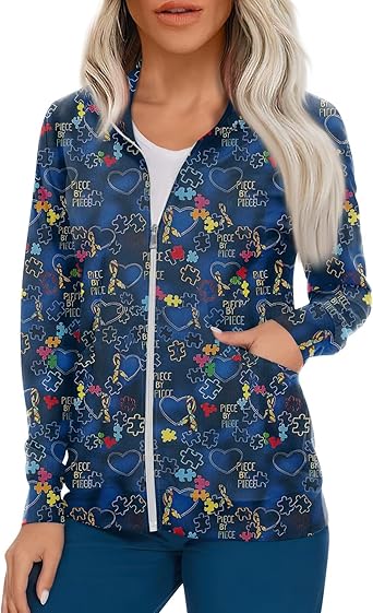 Scrub Jackets for Woman Zip Up Long Sleeve Tops Print Plus Size Womens Scrubs for Women Nursing Shirts with Pockets