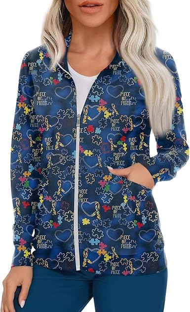 Scrub Jackets for Woman Zip Up Long Sleeve Tops Print Plus Size Womens Scrubs for Women Nursing Shirts with Pockets