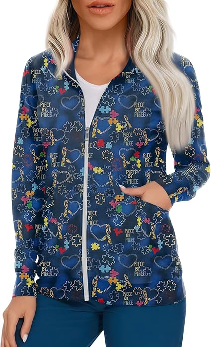 Scrub Jackets for Woman Zip Up Long Sleeve Tops Print Plus Size Womens Scrubs for Women Nursing Shirts with Pockets