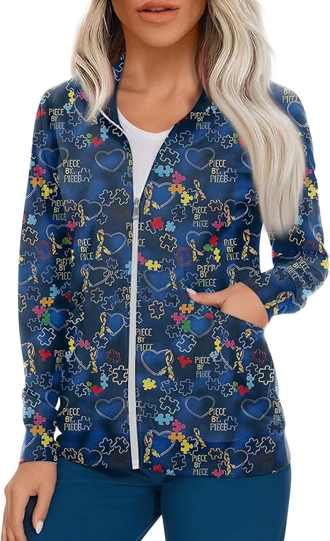 Scrub Jackets for Woman Zip Up Long Sleeve Tops Print Plus Size Womens Scrubs for Women Nursing Shirts with Pockets
