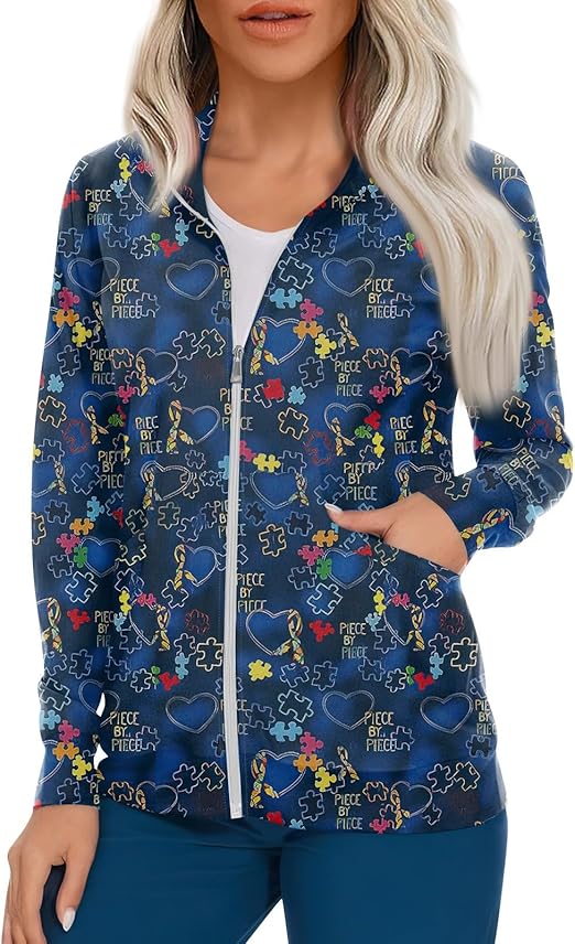 Scrub Jackets for Woman Zip Up Long Sleeve Tops Print Plus Size Womens Scrubs for Women Nursing Shirts with Pockets