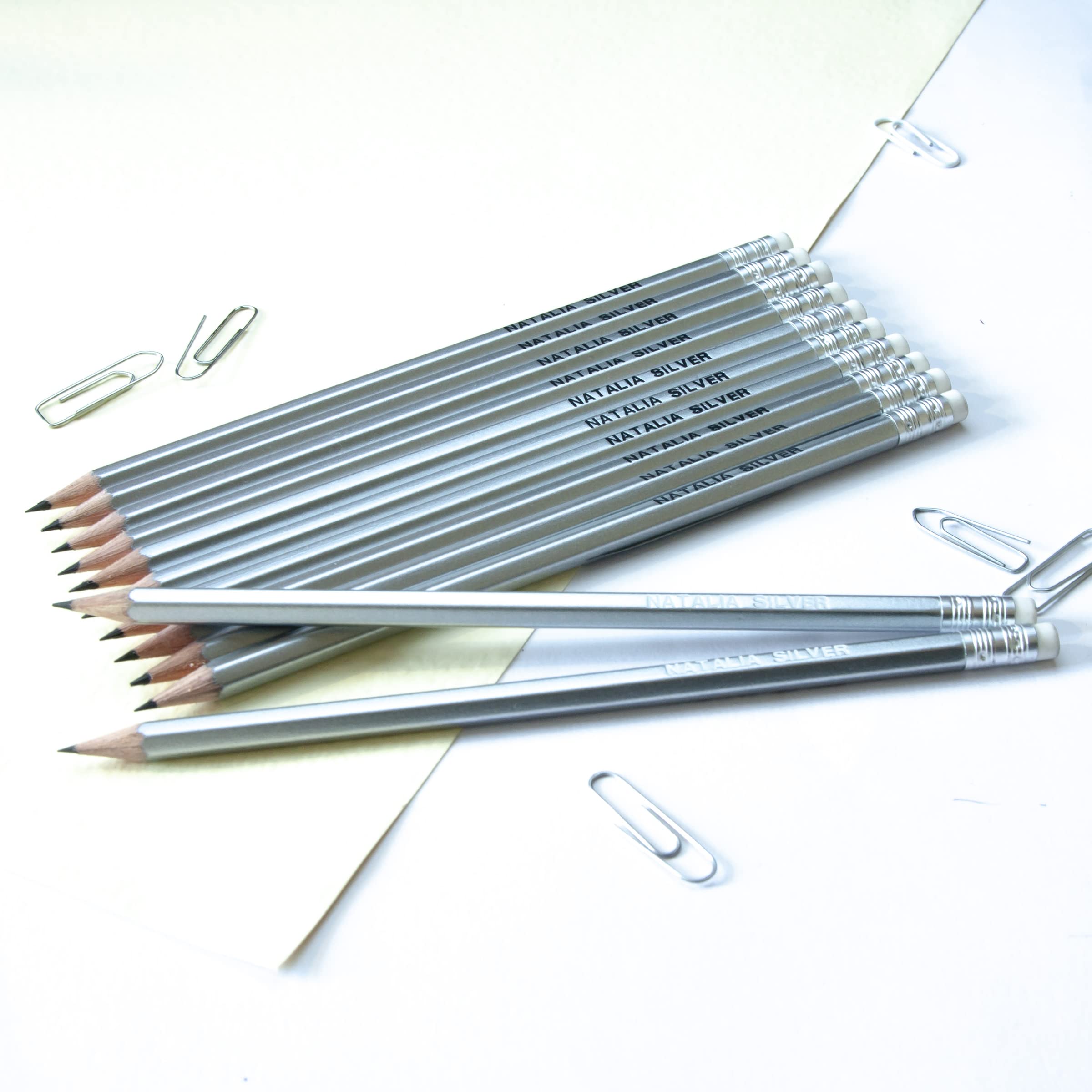 12 Personalised Hexagonal Graphite Pencils - Embossed with Name, German Made Pencils and Printed in the UK - That's My Pencil ™ (Metallic Silver)