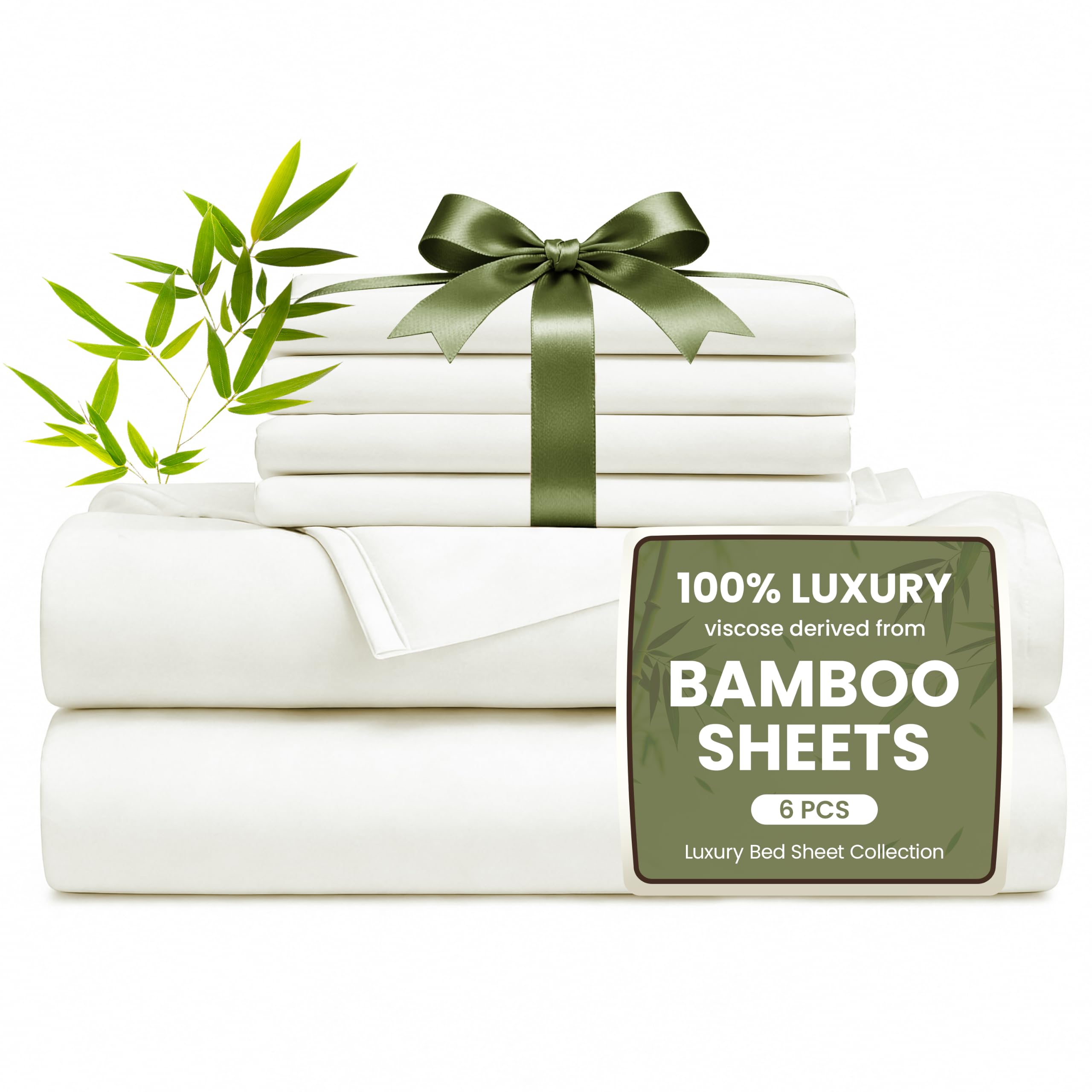 Love's cabin 6 Piece Queen Sheet Set, 100% Rayon Derived from Bamboo, Cooling &amp; Breathable, Soft Silky Deep Pocket up to 16", Hotel Luxury Bedding for Hot Sleepers, White