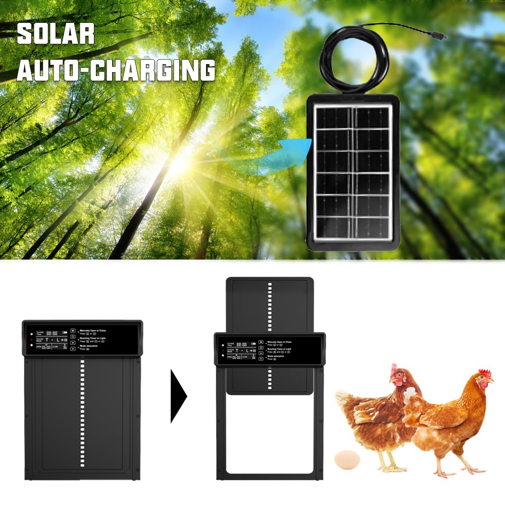 Porte Poulailler Automatique Solaire, Aluminium Renforcé pour Poules, avec Minuterie, Capteur de Lumière, Télécommande, Étanche IP45, Anti-Pincement Intelligent Porte Poulailler Automatique