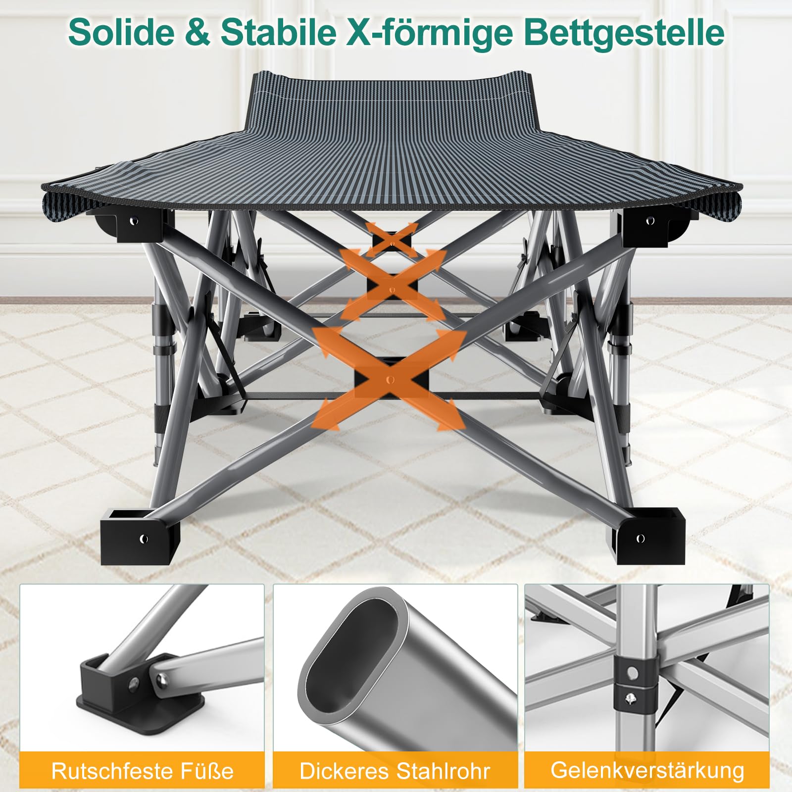 Lit de camping pliable avec matelas et poches latérales, capacité de charge 200KG, lit pliant pour invités, cadre en acier et toile Oxford, lit de camp pliable, 190 x 71 x 36 cm, convient pour