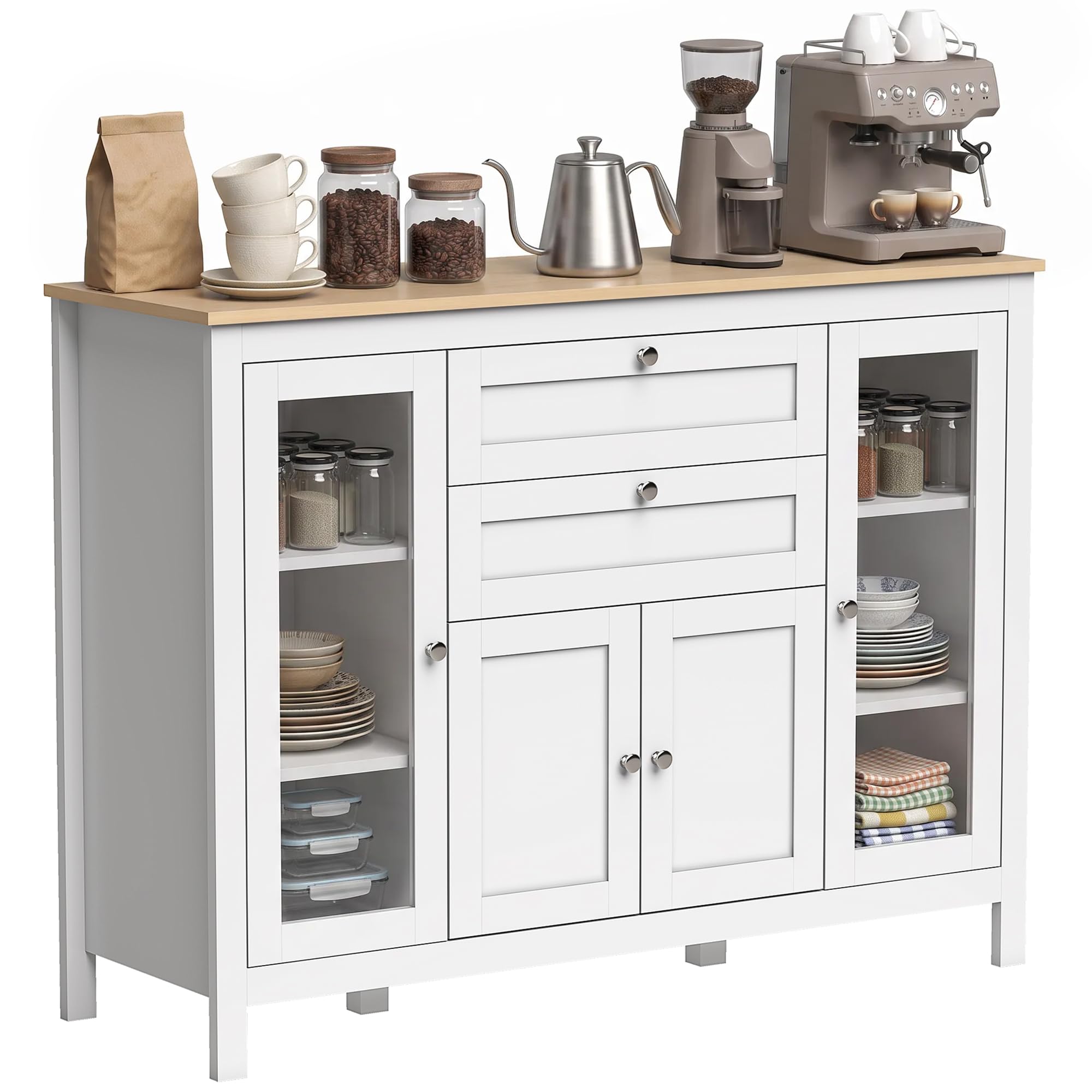 HOMCOM Buffet Salon, 1 Placard Double Porte, 2 Tiroirs, 120x40x90cm, Blanc | Meuble de Rangement, 2 Placards à Porte Vitrée, Étagère Réglable, Style Moderne, Buffet Salle à Manger et Cuisine
