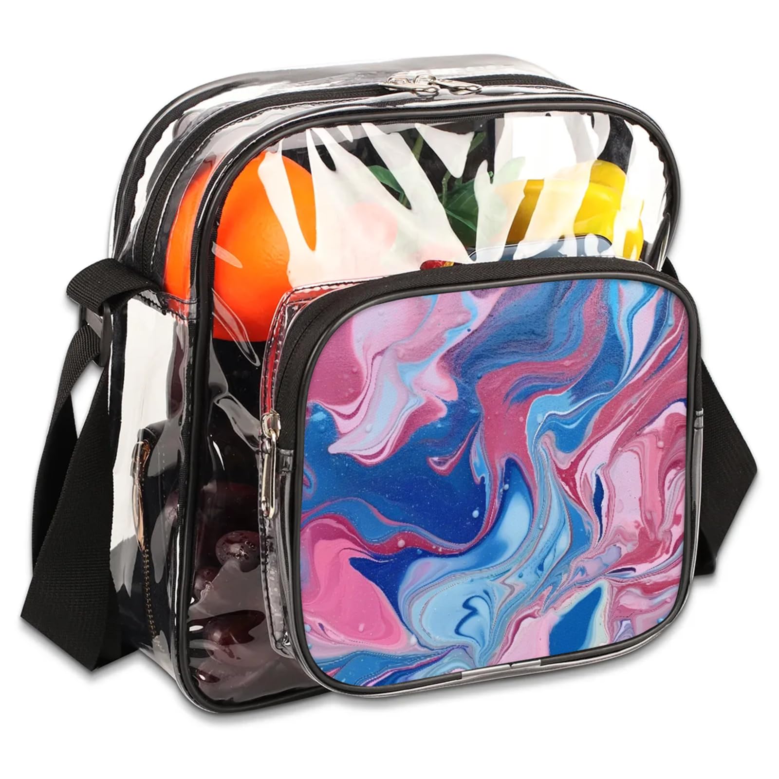 Clear Crossbody Bag Stadium Approved Colorful Marble Ink Transparent Bag for Festivals, Sports Events, Concerts,Beach Bag for Women Men Clear Purse with Front Pocket Messenger Bag
