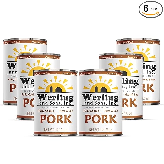 Werling & Sons Canned Pork 14.5 Oz – Fully Cooked Heat & Eat Canned Meat | Premium Quality, Shelf-Stable | Perfect for Everyday Meals, Emergency Storage, Camping & Survival | Made in USA | 5-Year Shelf Life | Pack of 6