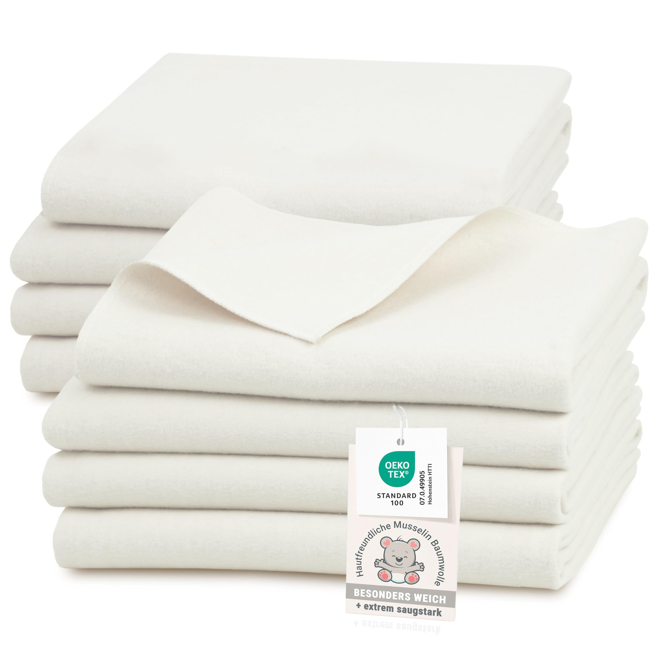ZOLLNER 8er Set Moltontücher in 80x80 cm aus Baumwolle - saugstarke Wickelunterlage - weich und wärmend - waschbar bis 95°C - in naturweiß - Oeko Tex® Zertifiziert