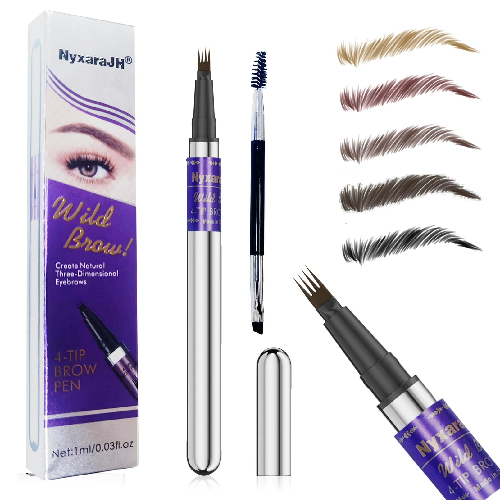 Precision Eyebrow Tattoo Pen with 4-Fork Micro-Tips, Waterproof, Quick-Dry, 5 Colors Available, 1ml（4#Black Brown）