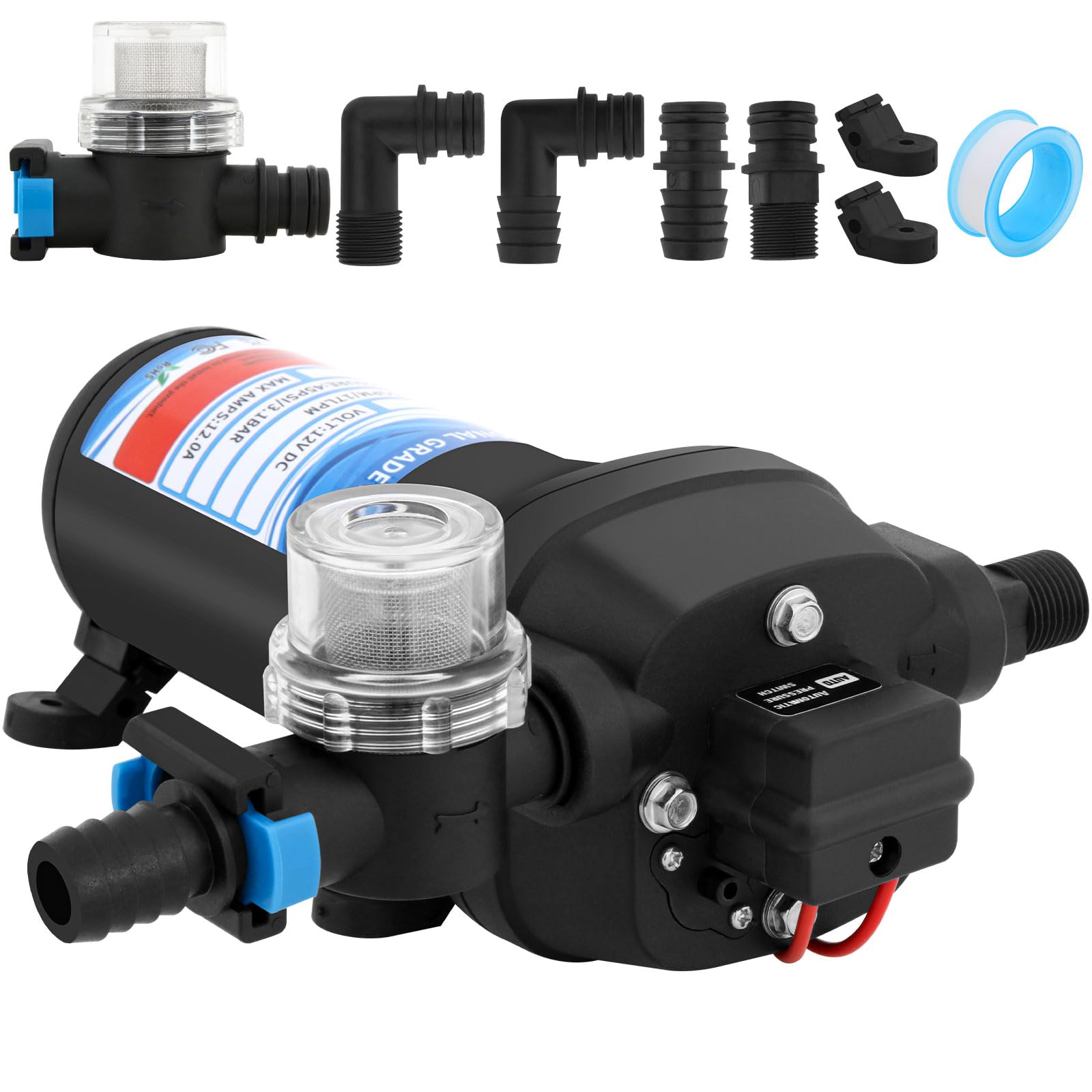 12V Water Pump Complete Kit, Self-Priming Diaphragm Pump 4.5 GPM 45 PSI, with Inlet Filter, Hose Fittings and Clamps, Low Noise for Caravan, Motorhome and Garden Use