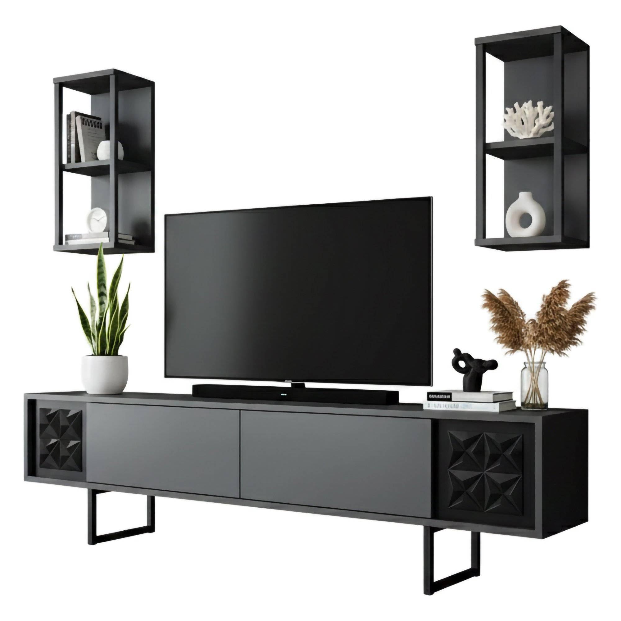 Dmora - Mobile porta TV Kaus, Credenza da soggiorno, Armadio basso per TV, Base parete attrezzata, 180x30h48 cm, Antracite e Nero