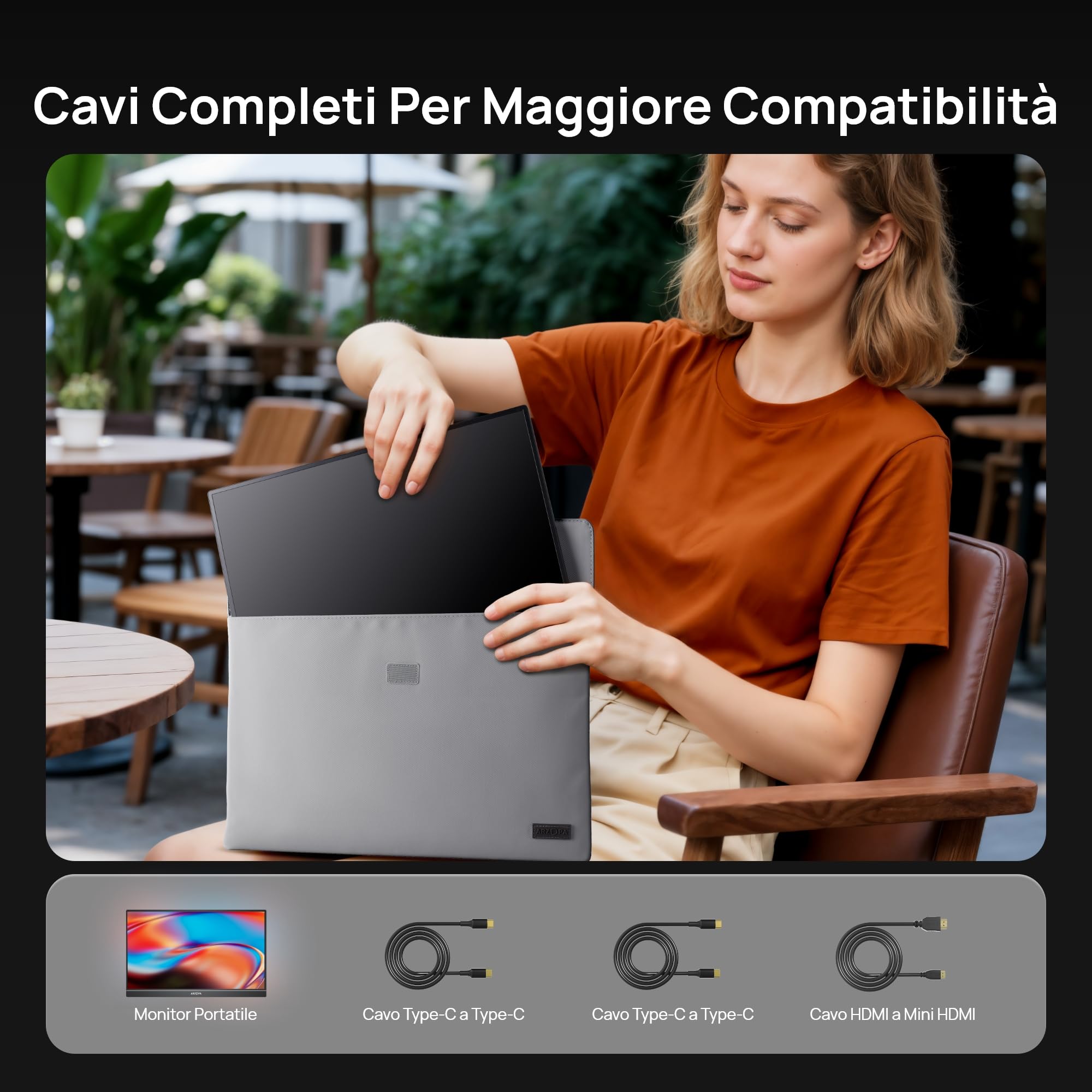 ARZOPA Monitor Portatile Z1C 16,1" FHD 1080P 100% sRGB, IPS, HDR, Ultra Sottile, in Metallo Grigio – Schermo Secondario per Laptop, Mac, PC, Xbox, Switch, PS5 - Z1C Grigio