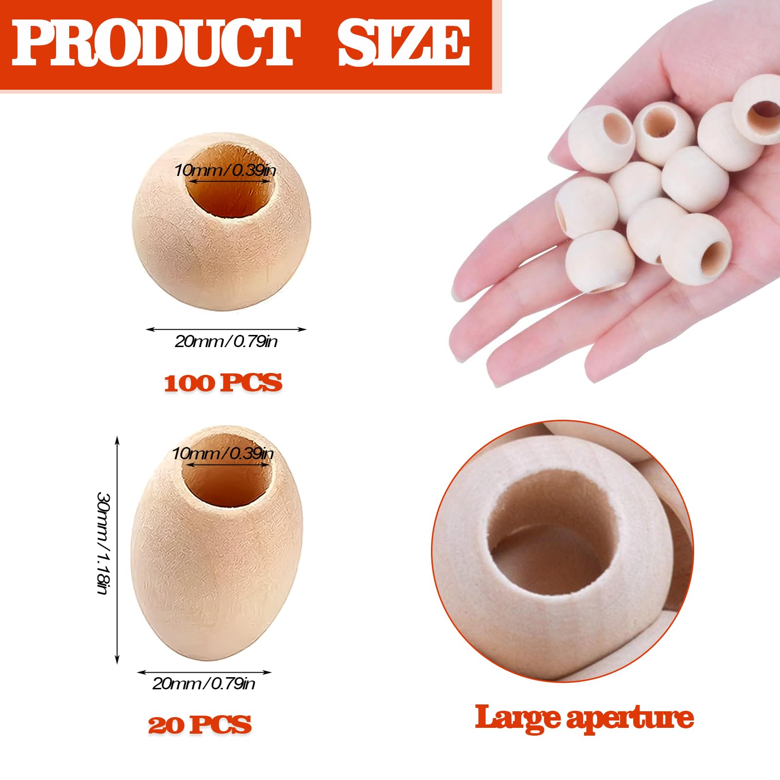 120 PCS Kit per lavorazione perline - legno naturale ovali e rotonde con grandi fori non finiti per macramè, artigianato fai da te, gioielli e decorazioni per la casa