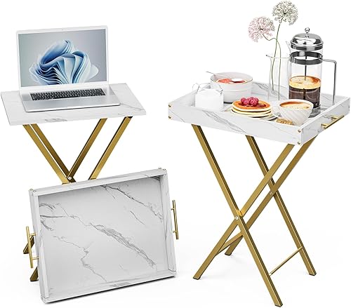 HMFOR Mesas plegables para TV, juego de 2 mesas auxiliares para lugares pequeños, mesas de comer aperitivos en el sofá, mesas plegables con bandeja