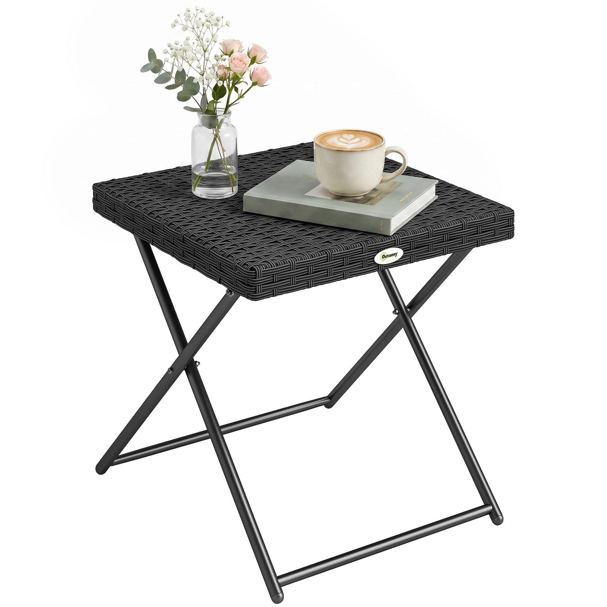 Outsunny Unisex Black Folding Square Rattan Coffee Table W/ Steel Frame Bistro Garden In