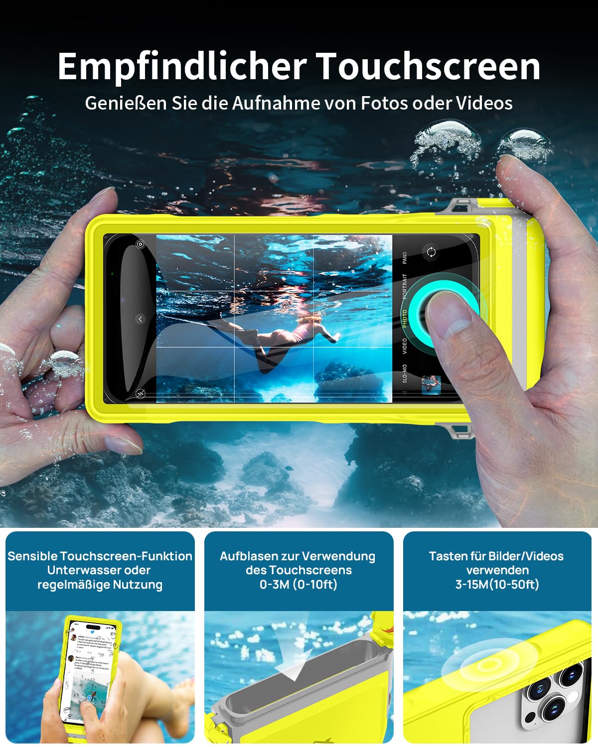 Lanhiem wasserdichte Handyhülle Universelle, Professionelle IPX8 Wasserfeste 15M Tauchen Handytasche [Unterwasser Touchscreen] Case für iPhone Samsung Google Xiaomi und 4.7-6.9'' Handy, Gelb