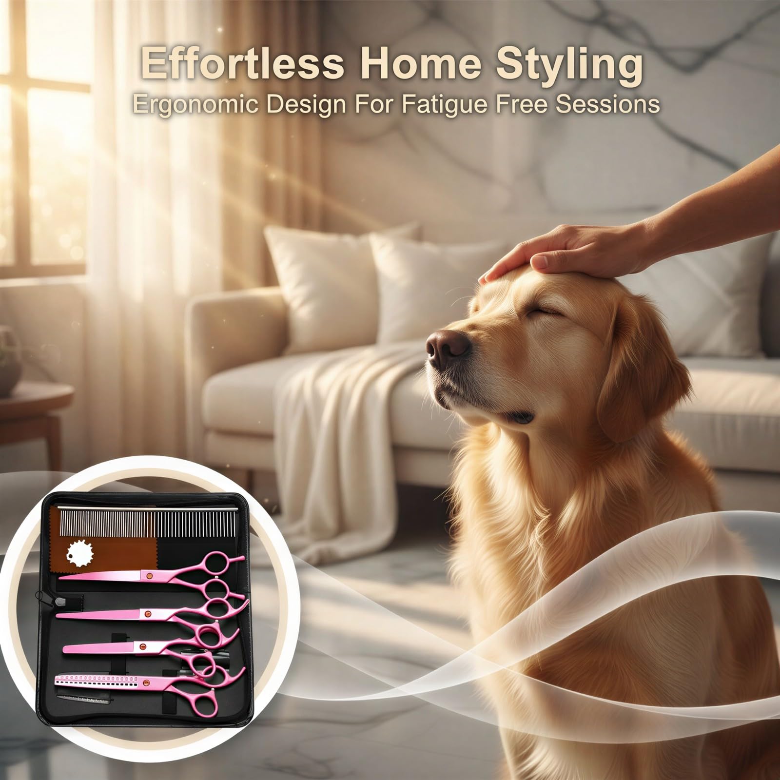 8-teiliges Haustier-Haarschneidescheren-Set, Pink, 17,8 cm Edelstahl Scheren gerade, Effilierschere, Gebogene Schere mit Hundekamm, ergonomisches professionelles Werkzeug für Katzen, Hunde