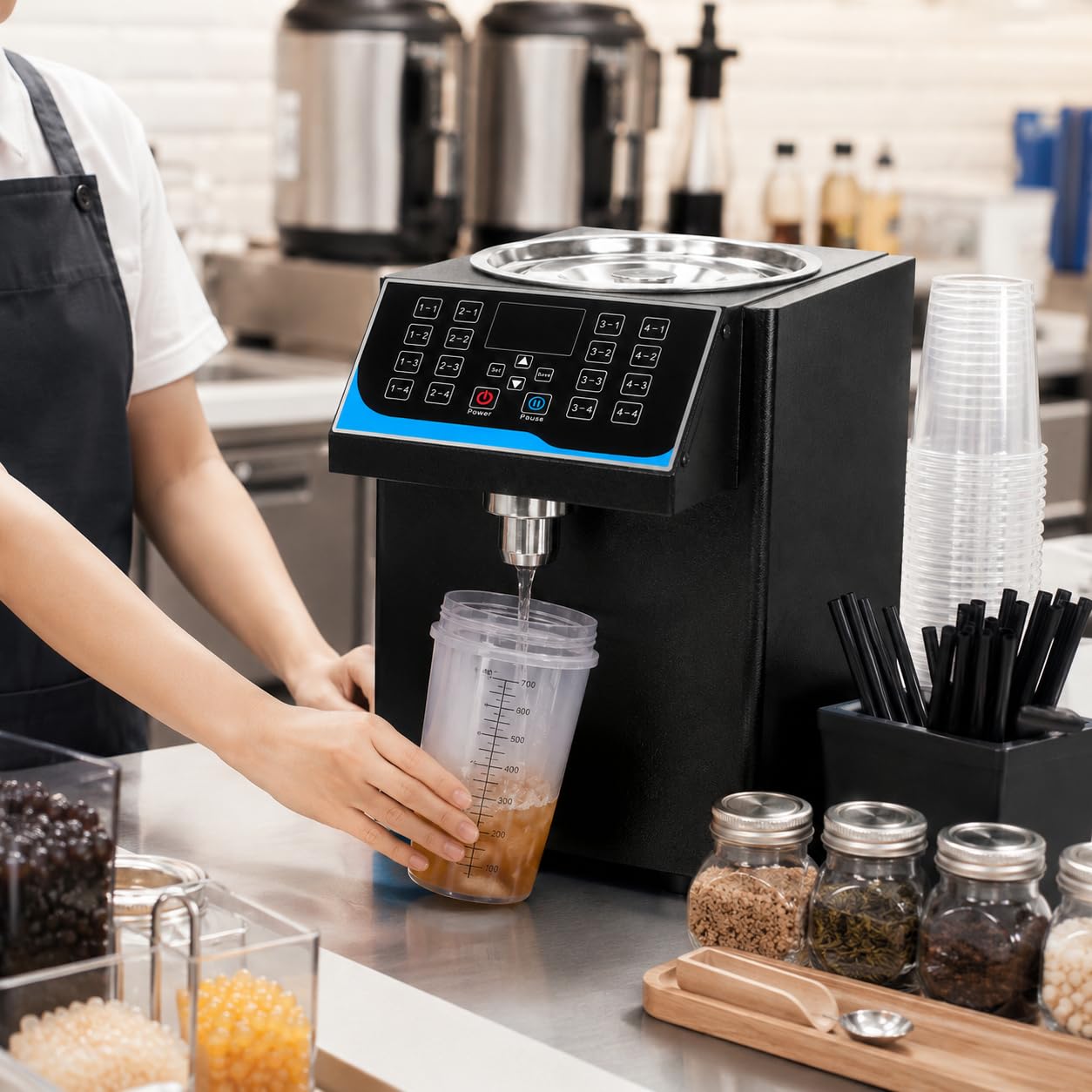 Automatyczny dozownik fruktozy 7,5 l, maszyna do dozowania syropu 450 W ze stali nierdzewnej, dozownik cukru z 16 pamięciami do herbaty bąbelkowej, kawy, baru i herbaciarni