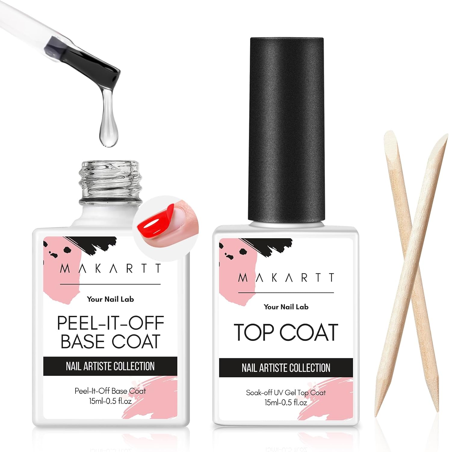 Makartt 15ml Top Coat Nail Polish and Peel Off Base Coat Set – 2Pcs Shine Finish Long Lasting No Filing Soak Off Clear Top Base Gel, UV LED Nail Lamp Required, for Women Nail Art DIY
