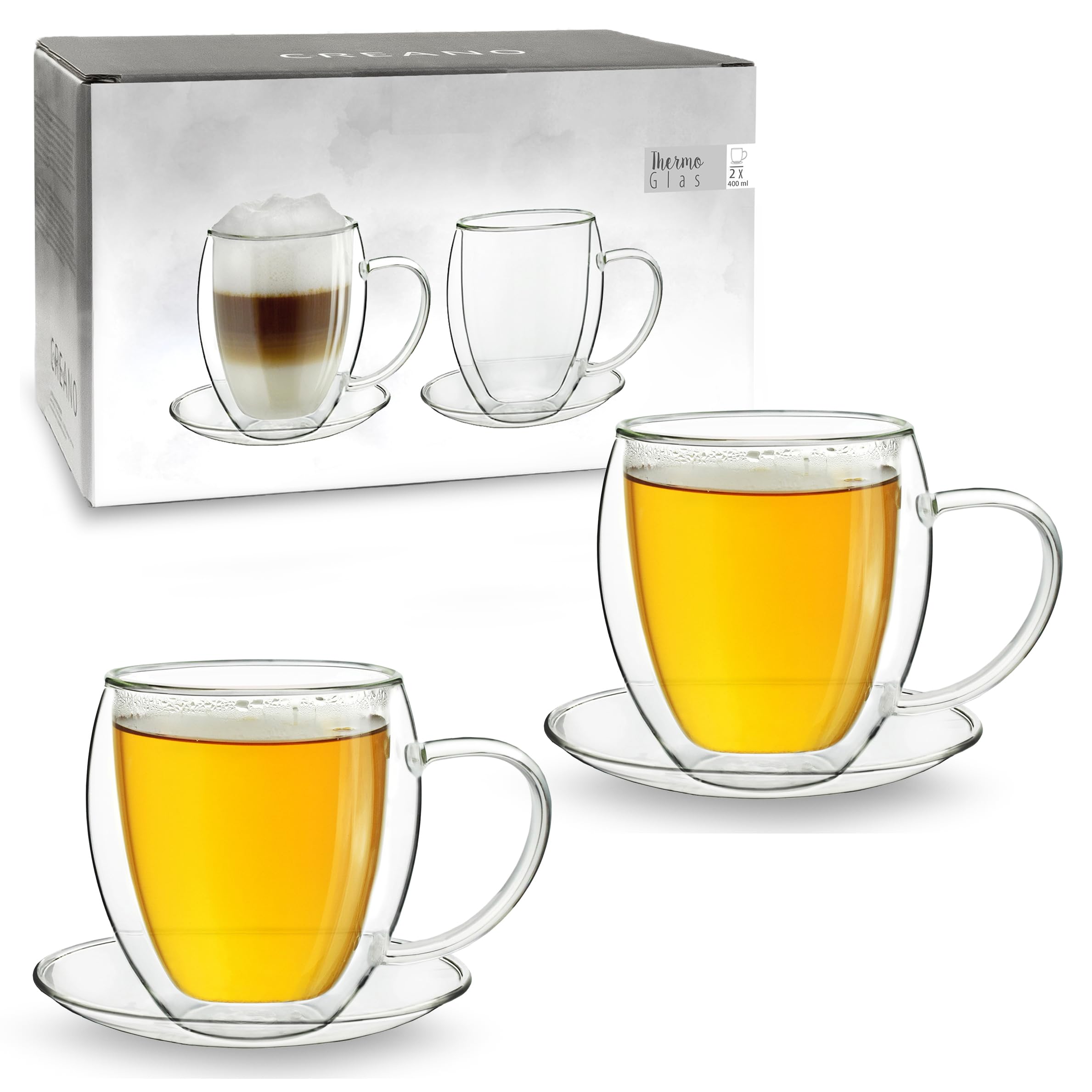 Creano 2X 400Ml 2X Double Wall Xxl Cup With Saucer, Heat-Resistant Coffee/Tea Glasses Made Of Borosilicate Glass | 400Ml