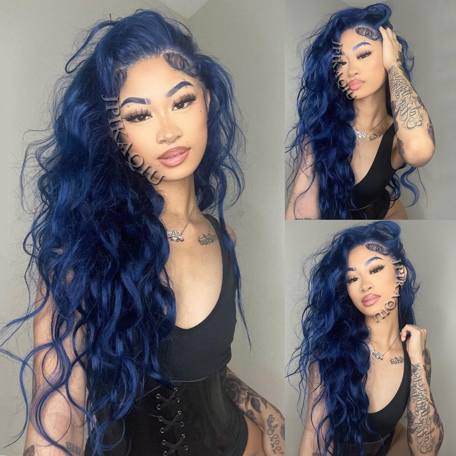 24 Inch Dark Blue Wig Blue Lace Front Wig Pre Plucked Long Body Wave 13x4 HD Lace Wig Glueless Navy Blue Colored Synthetic Lace Front Wigs For Fashion Women