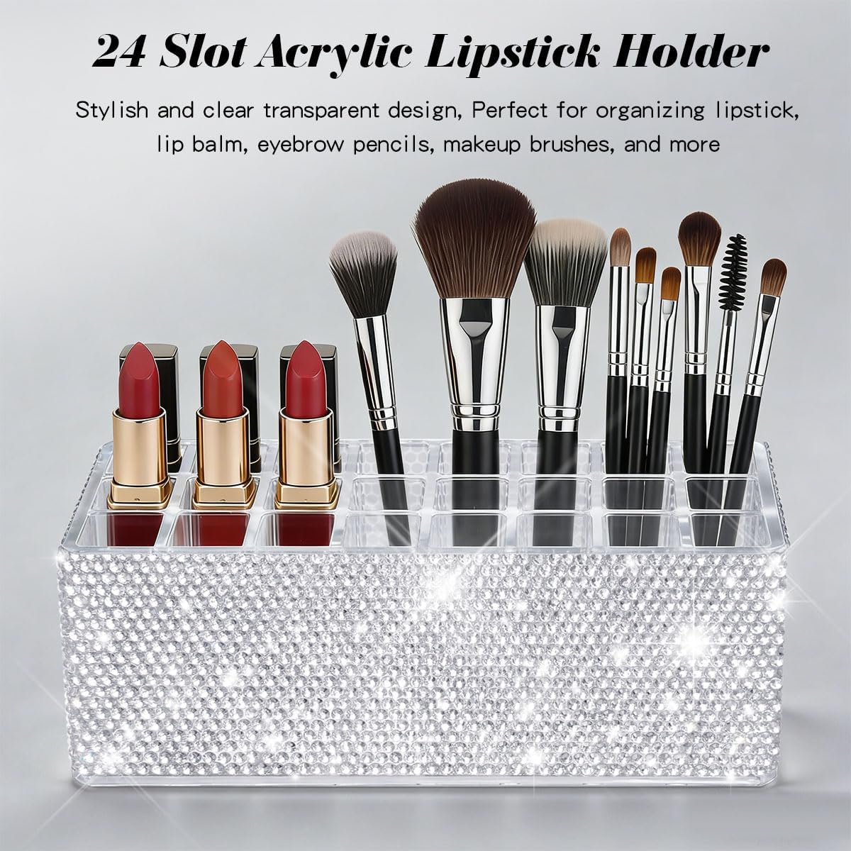 Bling Acrylic Lip Gloss Organizer for Tall Lip Gloss Lipstick Products,Glitter Beauty Makeup Holder 24 Space Organization Container Sparkle Storage Display Case
