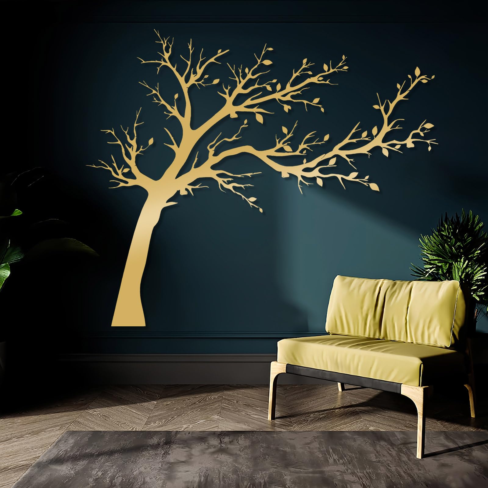 Decoración de pared abstracta contemporánea de metal con forma de árbol, adorno de árbol de ramas grandes de la vida, silueta, decoración familiar, hogar de sala de estar (plateado, 40x47 cm)