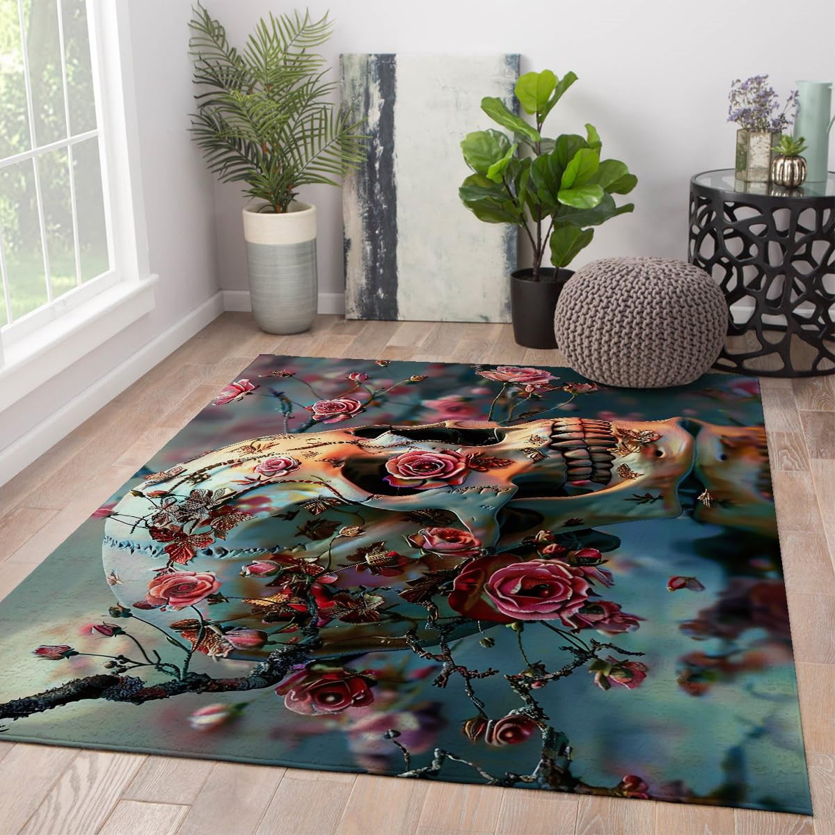 Dywan 90 x 150 cm, do sypialni, gotycka, róża, czaszka, ciemno-kwiatowy wzór szkieletu, nadaje się do prania w pralce, antypoślizgowy, cienki, miękki, do salonu, sypialni, biura