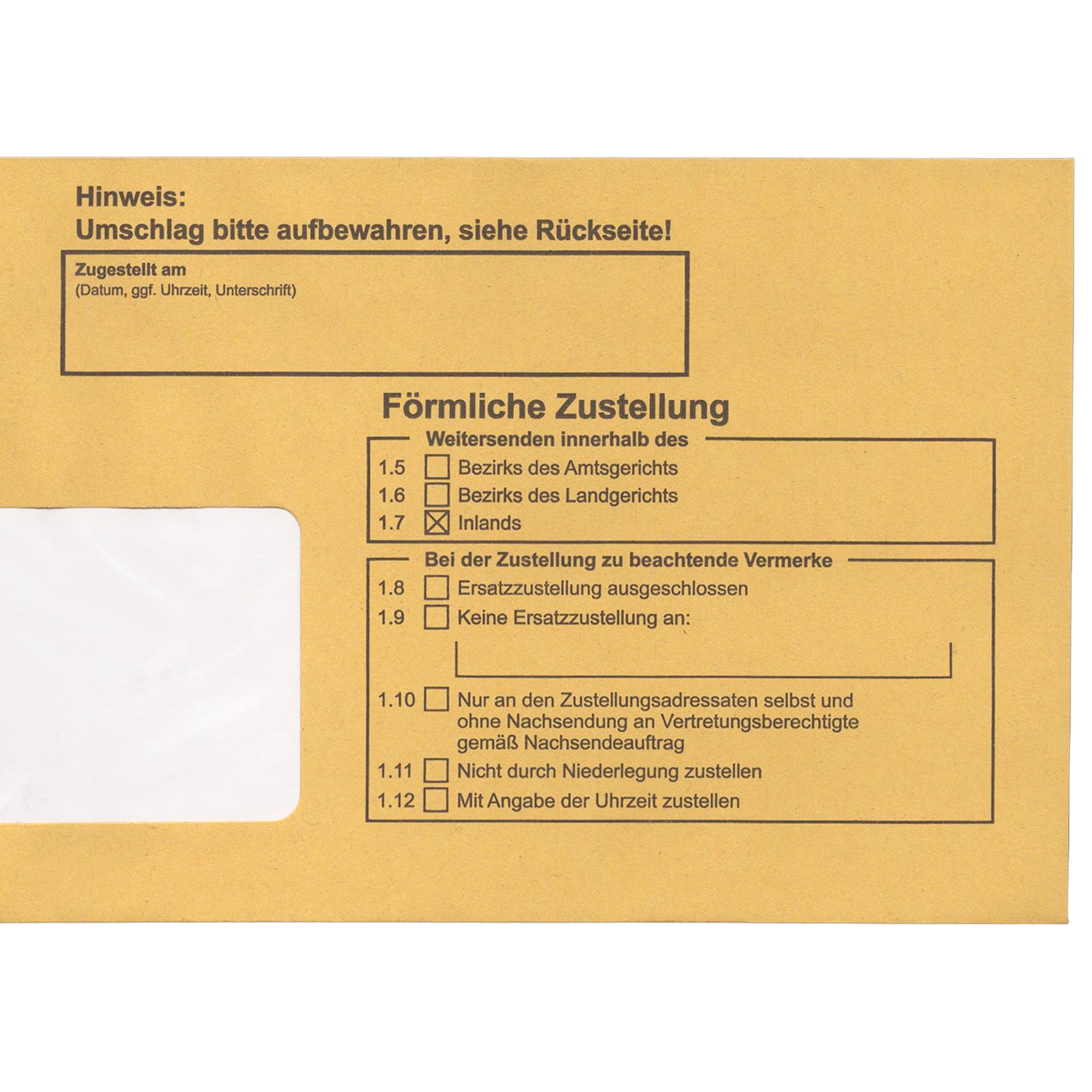 Postzustellungsumschläge DIN Lang „ Förmliche Zustellung “ - Zustellungshüllen mit Fenster (110 × 220 mm), Recycling-Gelb, haftklebend - ZPO-konform (DIN Lang, 100, Anzahl)