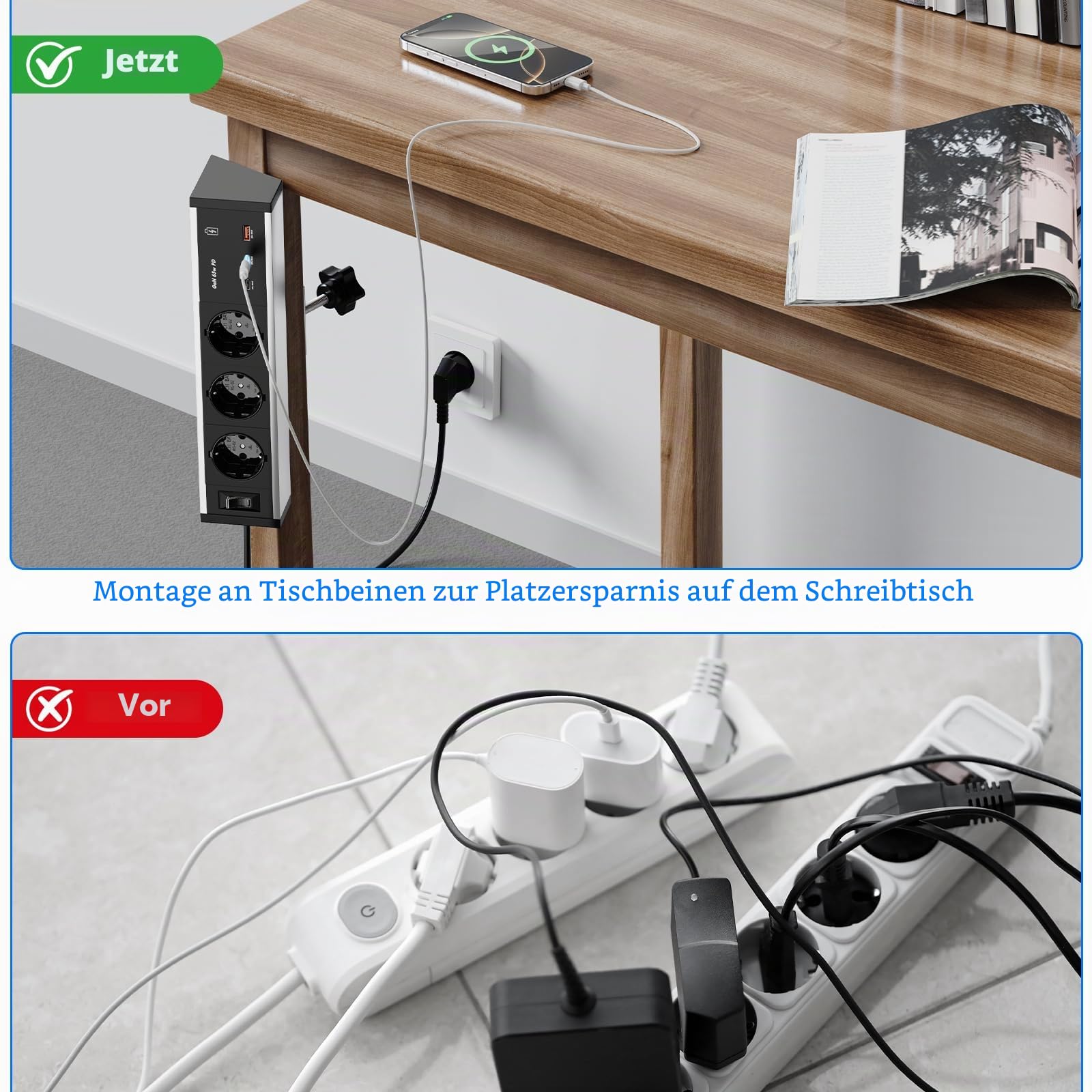 Tischsteckdose mit USB-C PD 65W GaN, 3-Fach, zum Anklemmen
