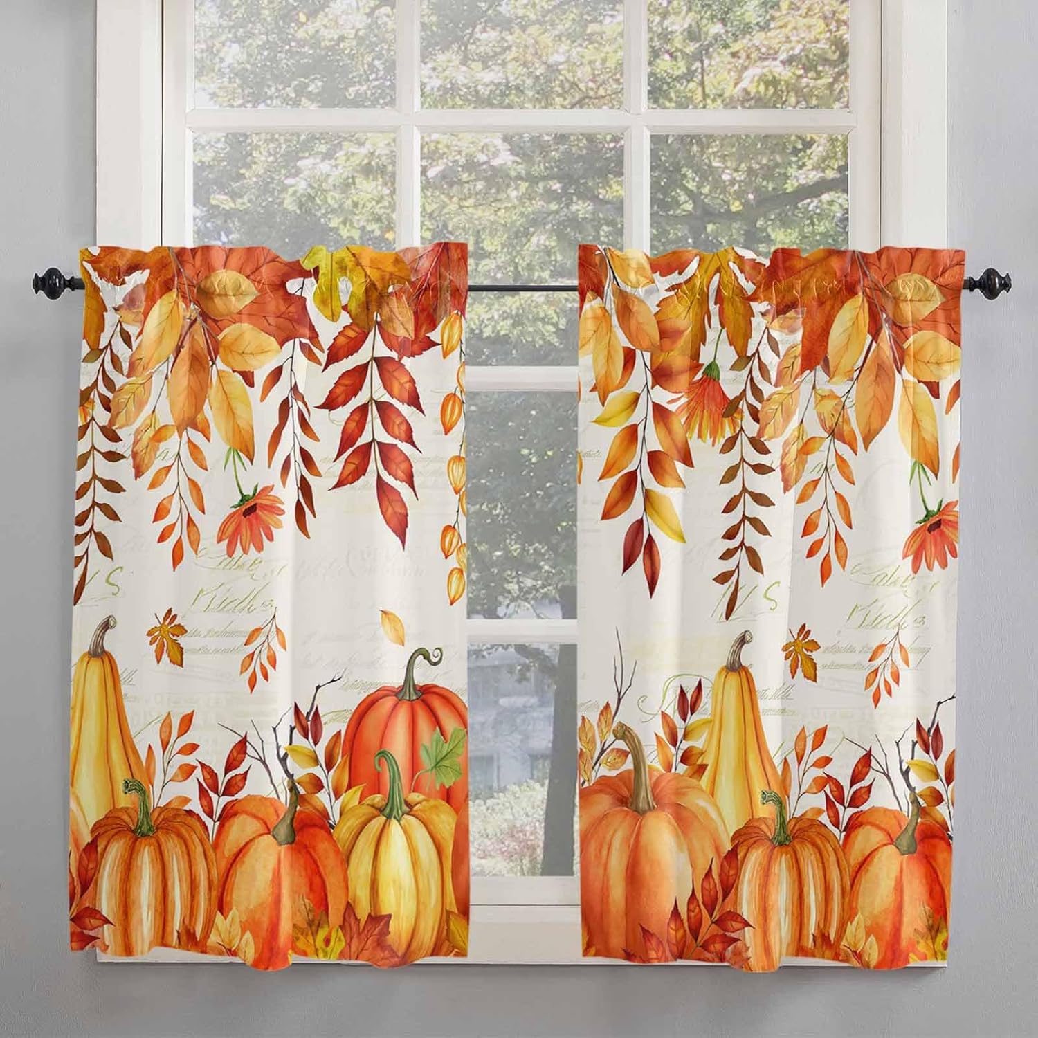 Orange Pumpkins Fall Kitchen Curtains, Thanksgiving Botanical Maple Leaves Falling Light Filter Window Curtain, 2Pcs Rod Pocket Window Treatments Set for Study Room Bathroom Bedroom 52x54 Inches