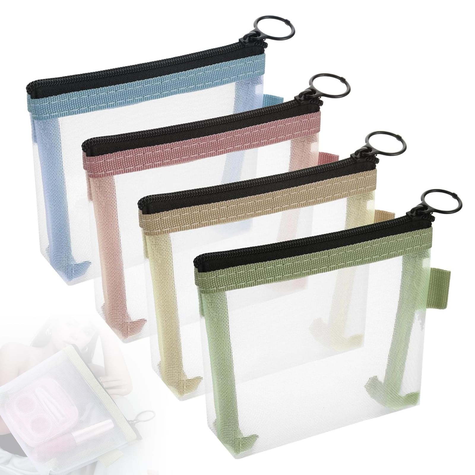 Small Travel Makeup Bag with Zipper – 4 Pcs Mini Mesh Cosmetic Pouch Set – Clear Nylon Make Up Pouch Organizer Insert for Purse, Handbag, Travel, Home & Office, Assorted Colors, 10×9.5cm