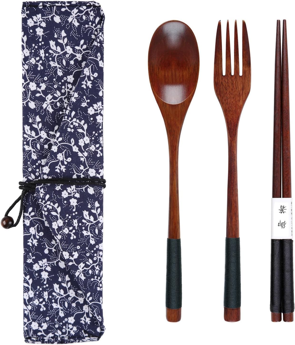 NALACAL 3Pcs Wooden Spoon Fork Chopsticks Set Japanese Style Cutlery Wooden Cutlery Set with Storage Bag Sustainable Reusable Travel Cutlery Set for Camping Picnic Office or Home