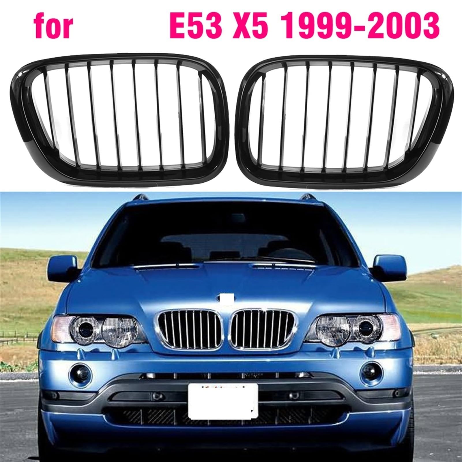 1 ZESTAW Błyszczący Czarny Pojedynczy Podwójny Linia Przedni Grill Grille Wymiana, dla BMW, E53 X5 1999 2000 2001 2002 2003