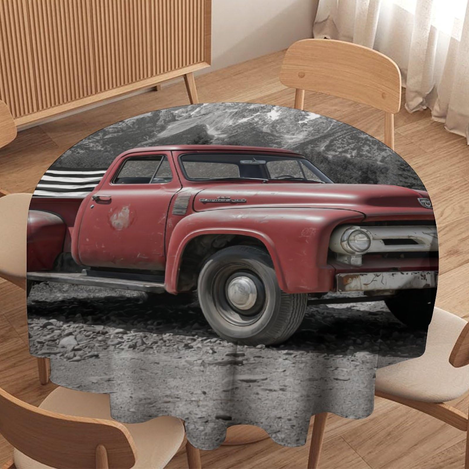 LUYYSKY Vintage Classic Car Waterproof Round Tablecloth Retro Realistic Patriotic American Flag Red Truck Print Washable Table Cover for Kitchen-91.4" Wx91.4 L cm
