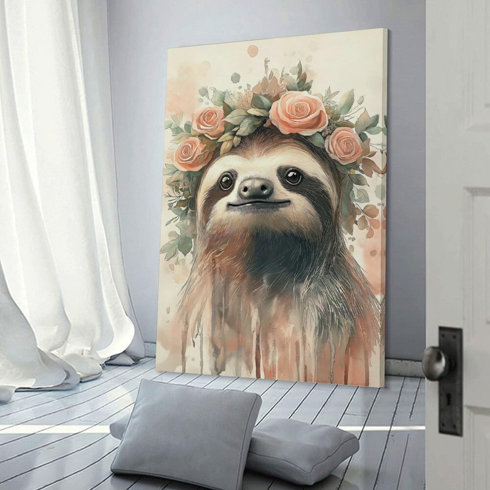 Junmoney Frame-Style-17 Wall Art Print Sloth With Floral Crown, 24X36inch(60X90cm), For Hallway, Bedroom Or Modern Interiors, Thoughtful Wall Decor For Art Lovers