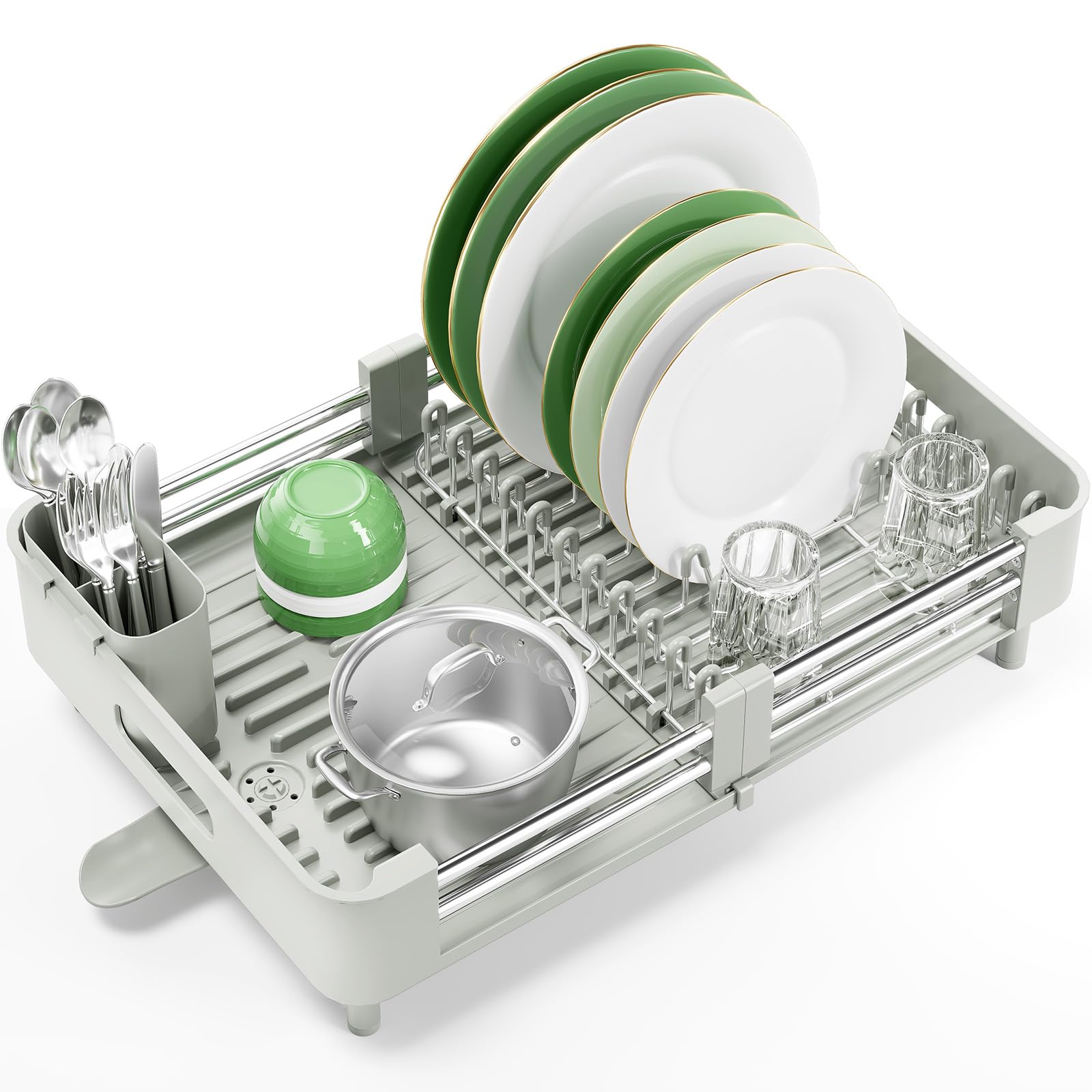 KINGRACK Scolapiatti, Grigio Bianco | Estensibile, Pieghevole, Acciaio Inox, Portaposate Rimovibile, Antigraffio