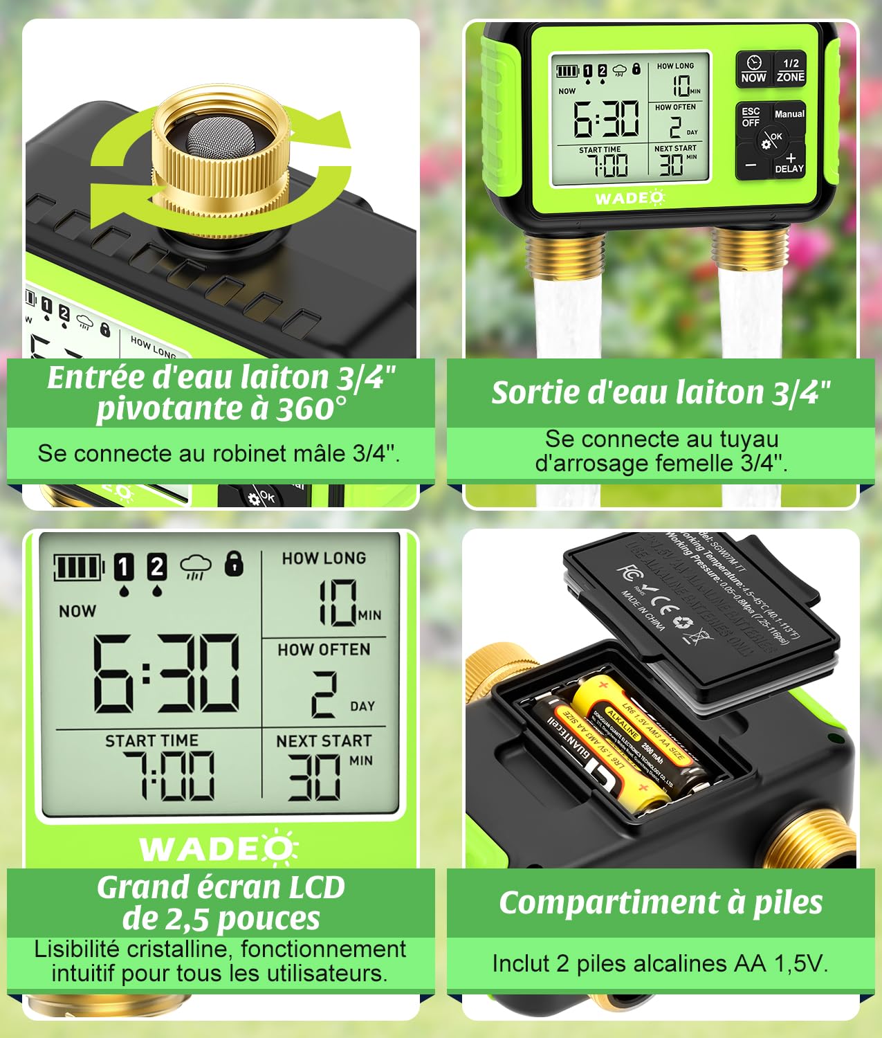 WADEO Programmateur Arrosage 2 Zones Indépendant – 2 Voies, Entrée/Sortie Laiton, Écran LCD, Modes Auto/Manuel/Délai Pluie/Verrouillage Enfant, Arrosage Automatique pour Jardin et Pelouse