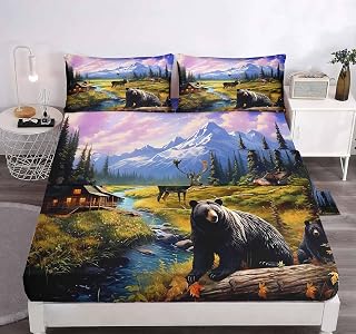 LUVIVIHOME 4PCS Black Bear Sheets Set, Queen Bed Sheets, Deer Moose Elk Mallard Duck Woodland Animal Hunting Lodge Rustic Cabin Country Farmhouse Bedding, 1 Fitted Sheet & 1 Flat Sheet & 2 Pillowcases