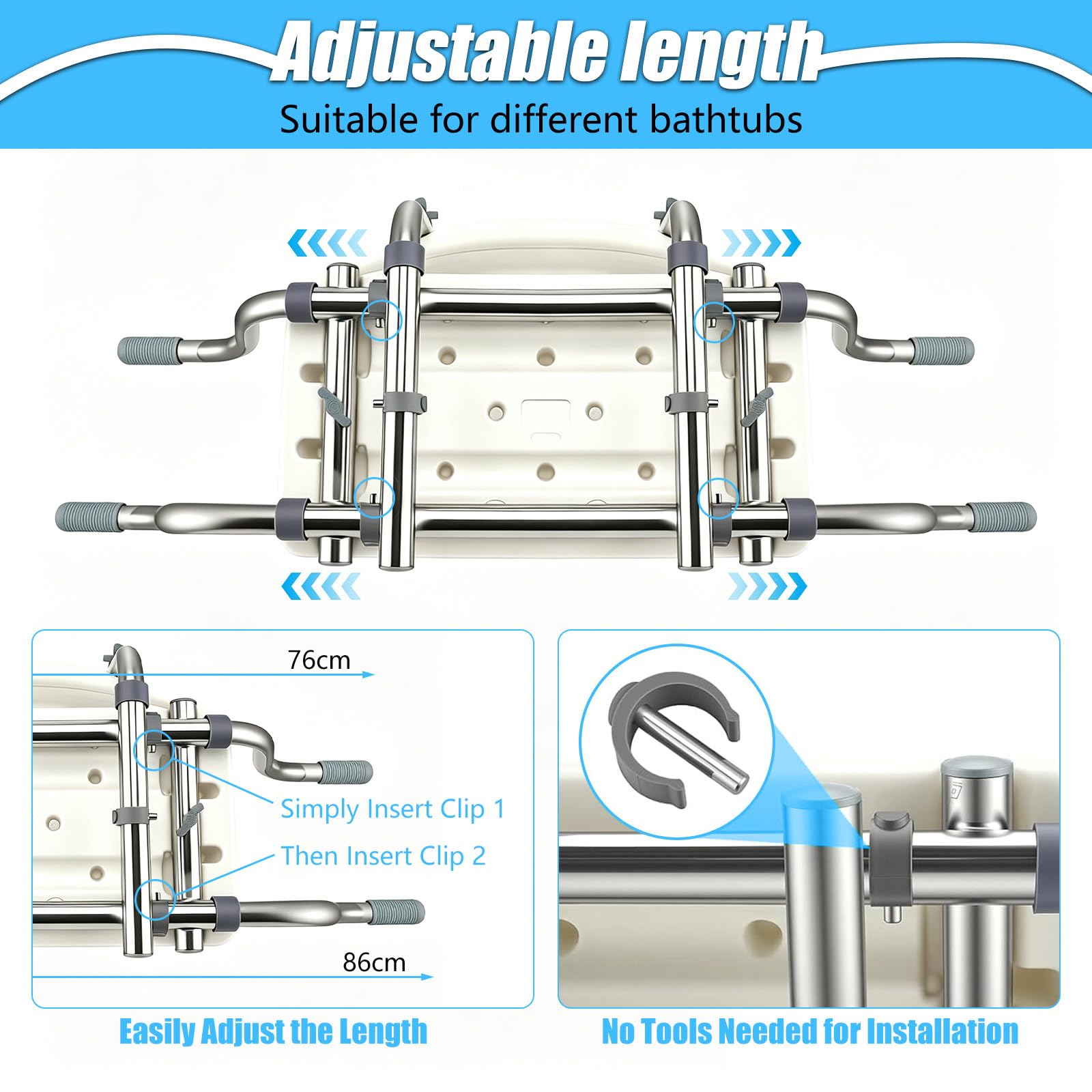 Asiento de bañera con Respaldo, Asiento de Ducha Banco de Ducha para bañera, Tablas de bañera Extensibles de 72-82cm, Extensible Blanco, Capacidad de Carga 136 kg Asiento de bañera (B)