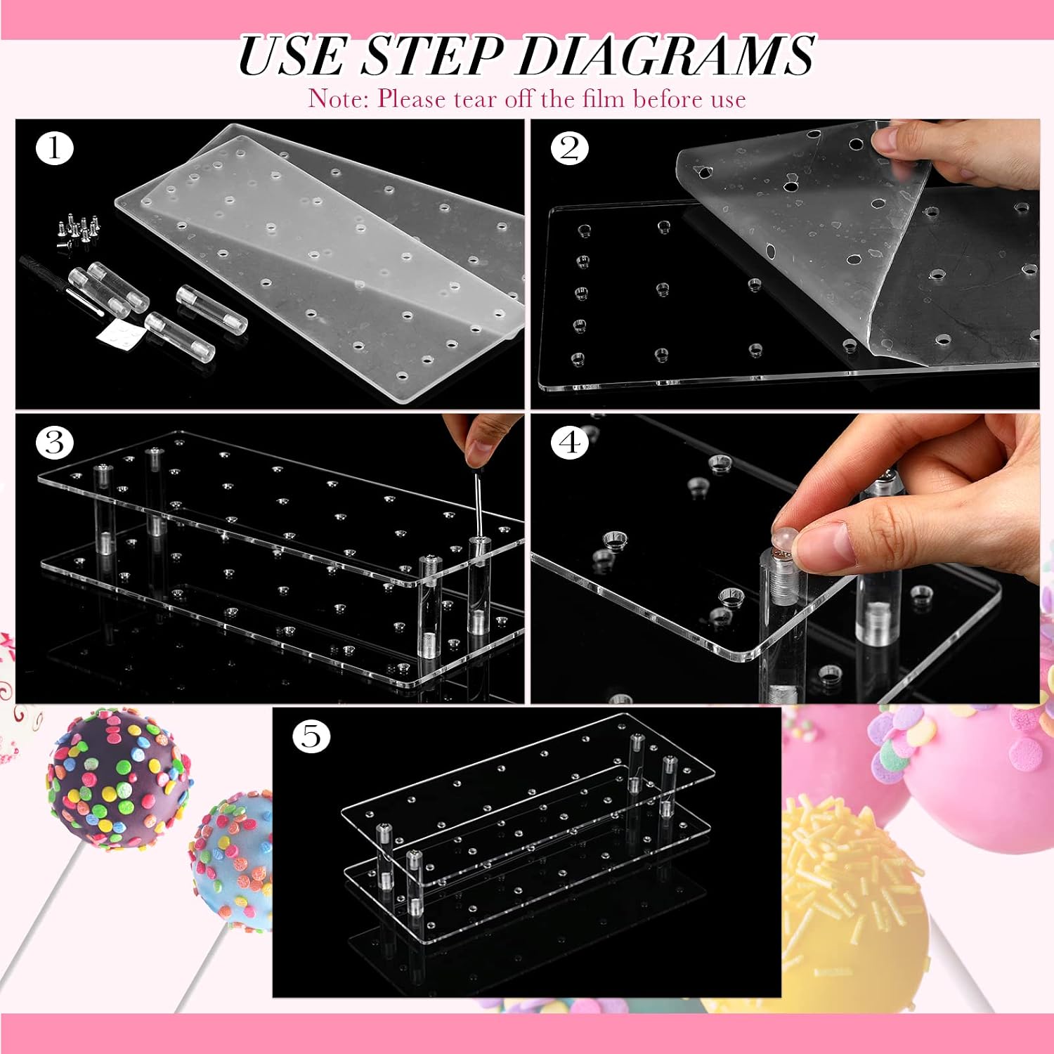 Yinkin Cake Pop Supplies and Decoration for Making Lollipops Including Acrylic Lollipop Pop Stand Holder Meat Baller 100 Pcs Sticks 100 Pcs Clear Treats Bag 100 Pcs Gold Metallic Twist Ties