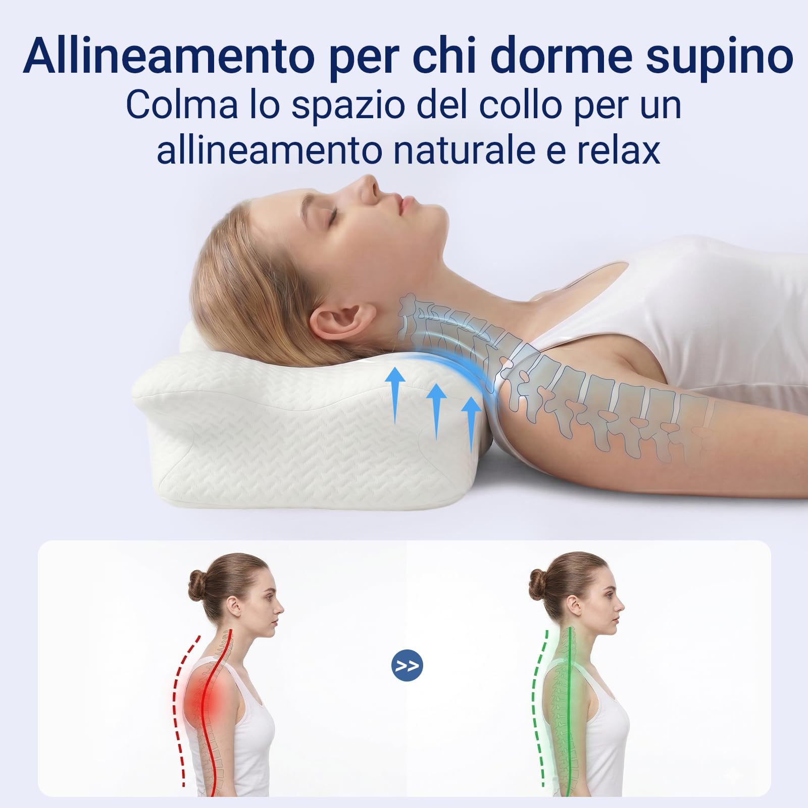 COSYLAND Cuscino cervicale ergonomico 2 in 1 in memory foam, cuscino cervicale ortopedico per dormire, schiena, fianchi e pancia, 60 x 40 x 11/14 cm