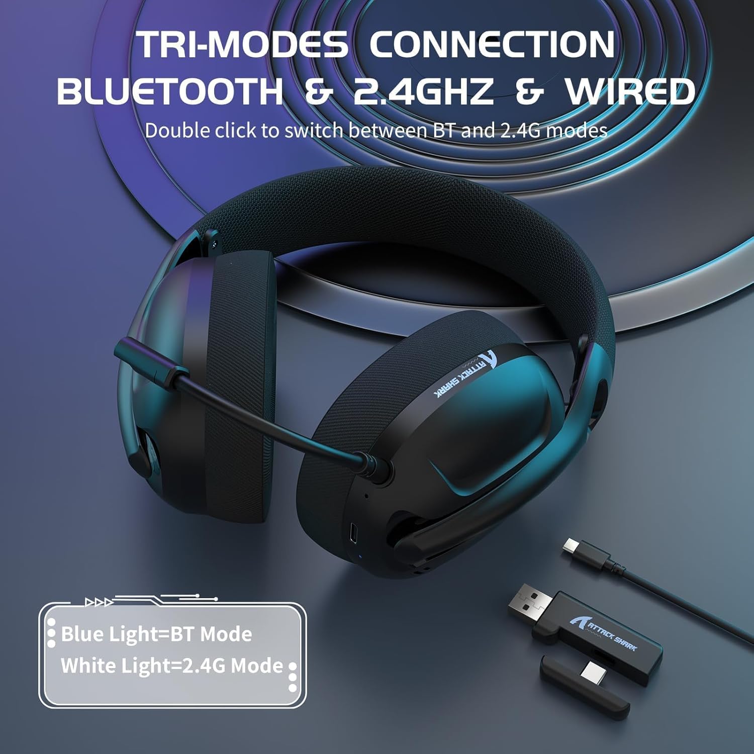 ATTACK SHARK L80 headset showing tri-mode connection options: Bluetooth, 2.4GHz, and Wired, with an emphasis on the 2.4G receiver.