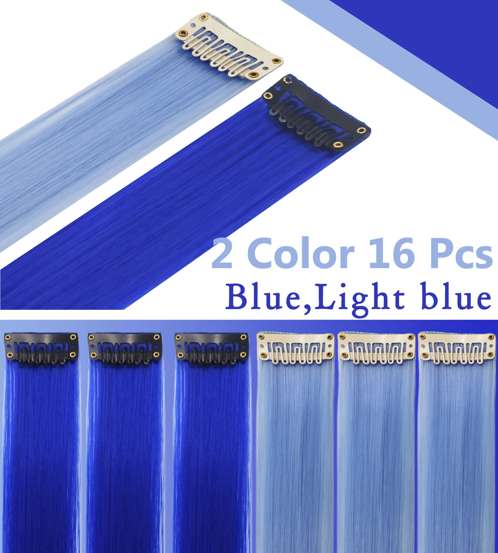 MQY COLOR 12 PCS Multi Colored Hair Extensions Clip in,Blue Hairpieces Party Highlights DIY Hair Accessories for Girls Women 21 Inches Long Hair (Dark blue,Light blue) - Image 3