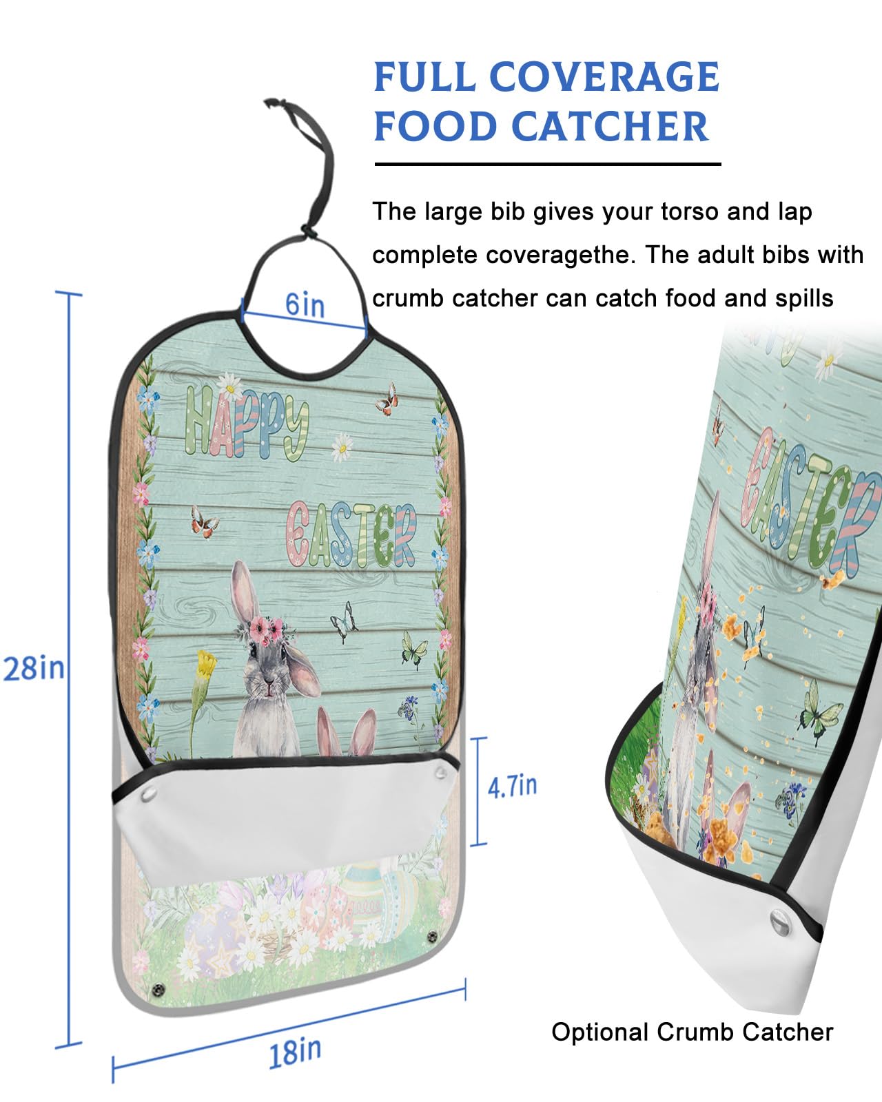 Spring Easter Adult Bibs for Eating, Waterproof Bibs with Food Catcher & Adjustable Snap Closure, Bunny Colorful Eggs Flower Easter Basket Retro Wood Clothing Protectors Adult Bibs for Elderly