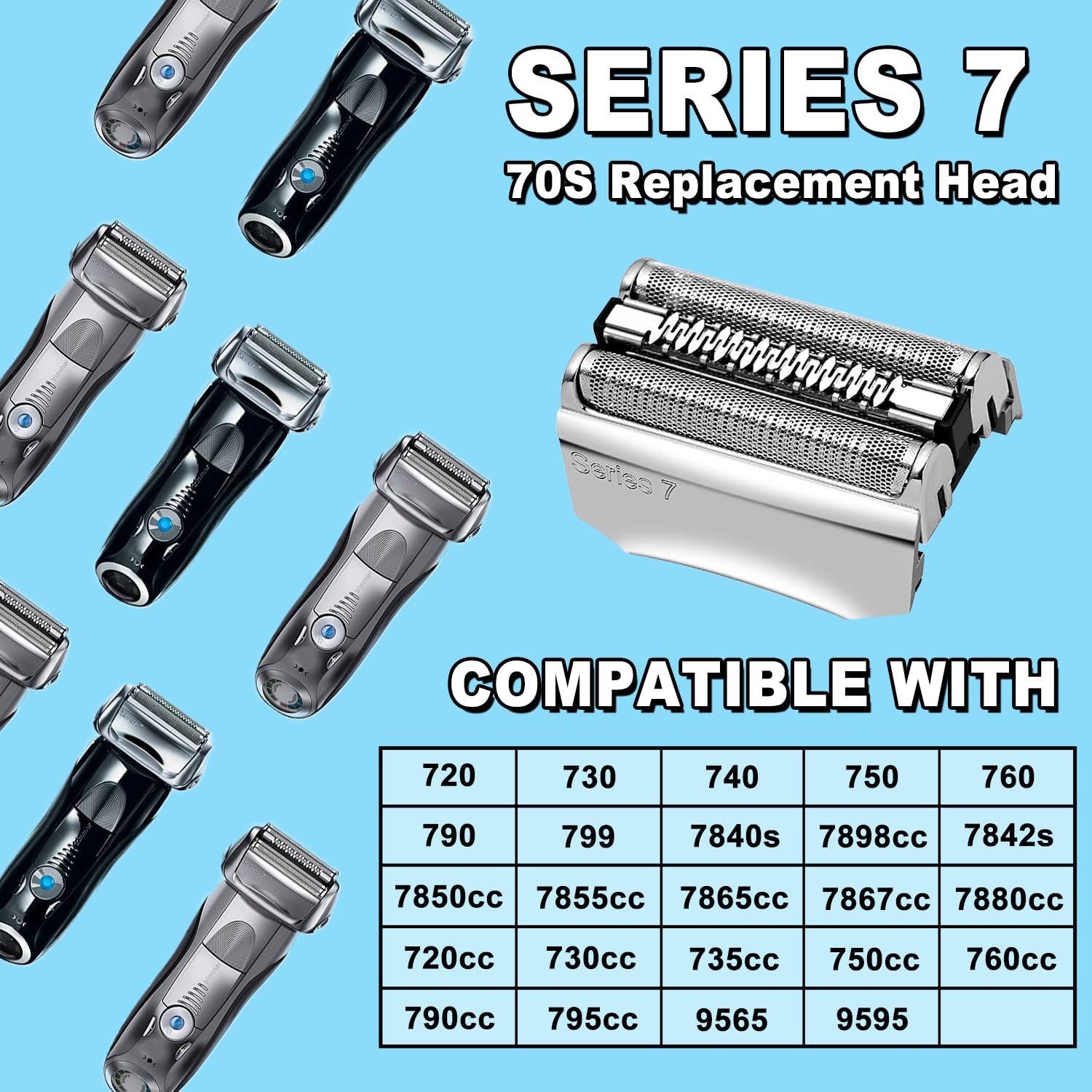 Tête de rechange pour rasoir électrique série 7 70S - Compatible avec les lames de rasoir électrique de rechange 70S pour homme - Pour Braun Series 7 : 720cc, 730cc, 735s, 750cc, 760cc, 790cc et 795cc